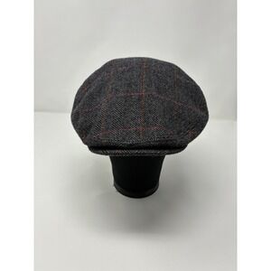 Stetson Kent Wool Flat Cap Herringbone Plaid Ear Flaps Gray Winter Hat